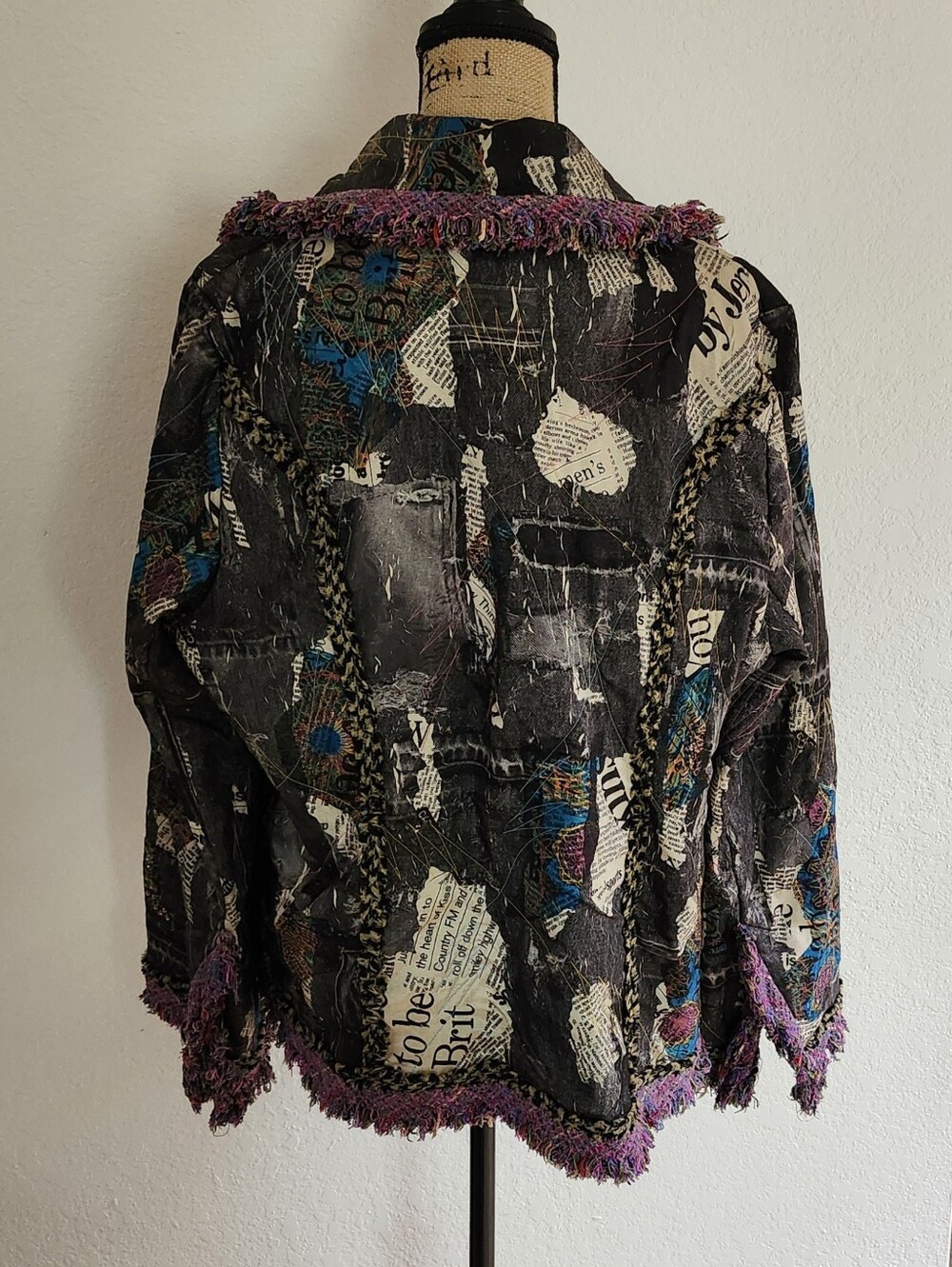 LOOK Grey Denim Look Newspaper Print Embellished Jacket - Picture 2 of 6